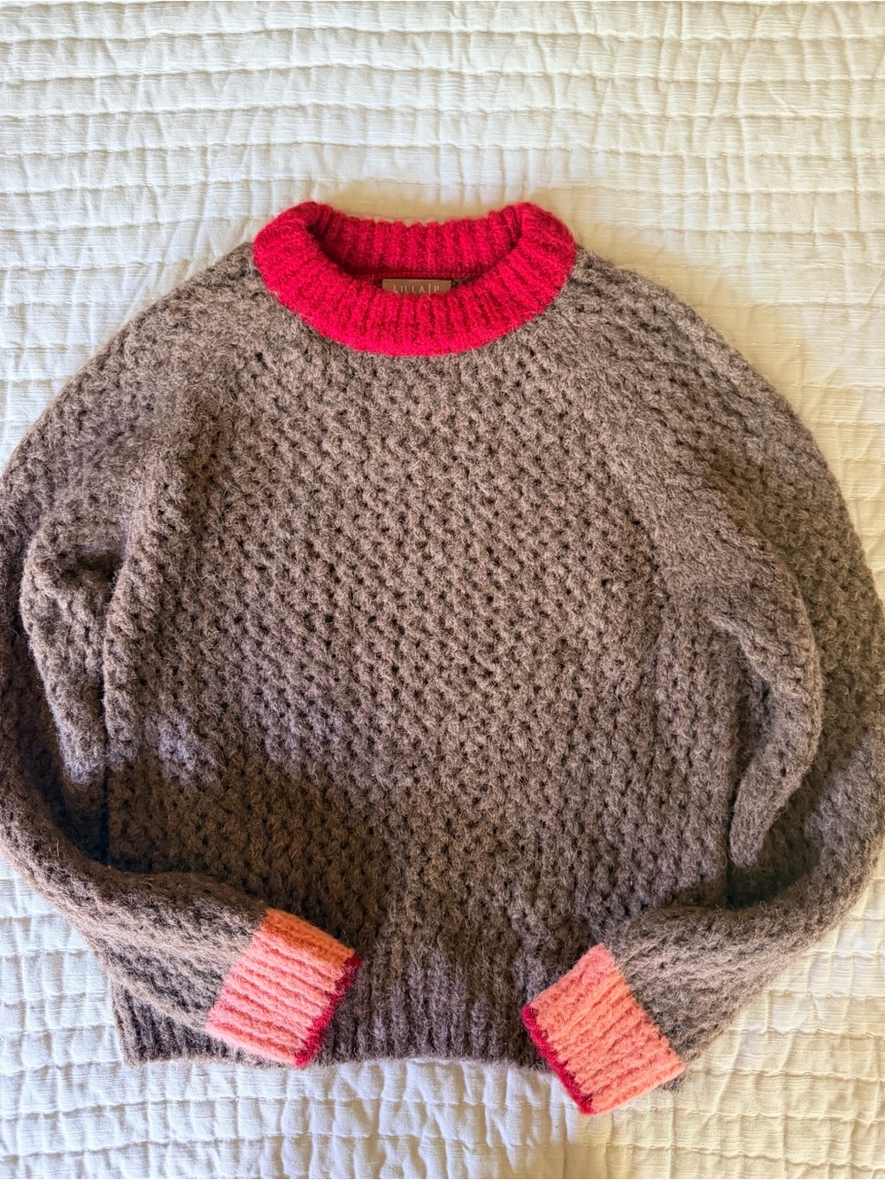 Lilla P Taupe Knit Sweater with Pink Collar and Coral Cuffs